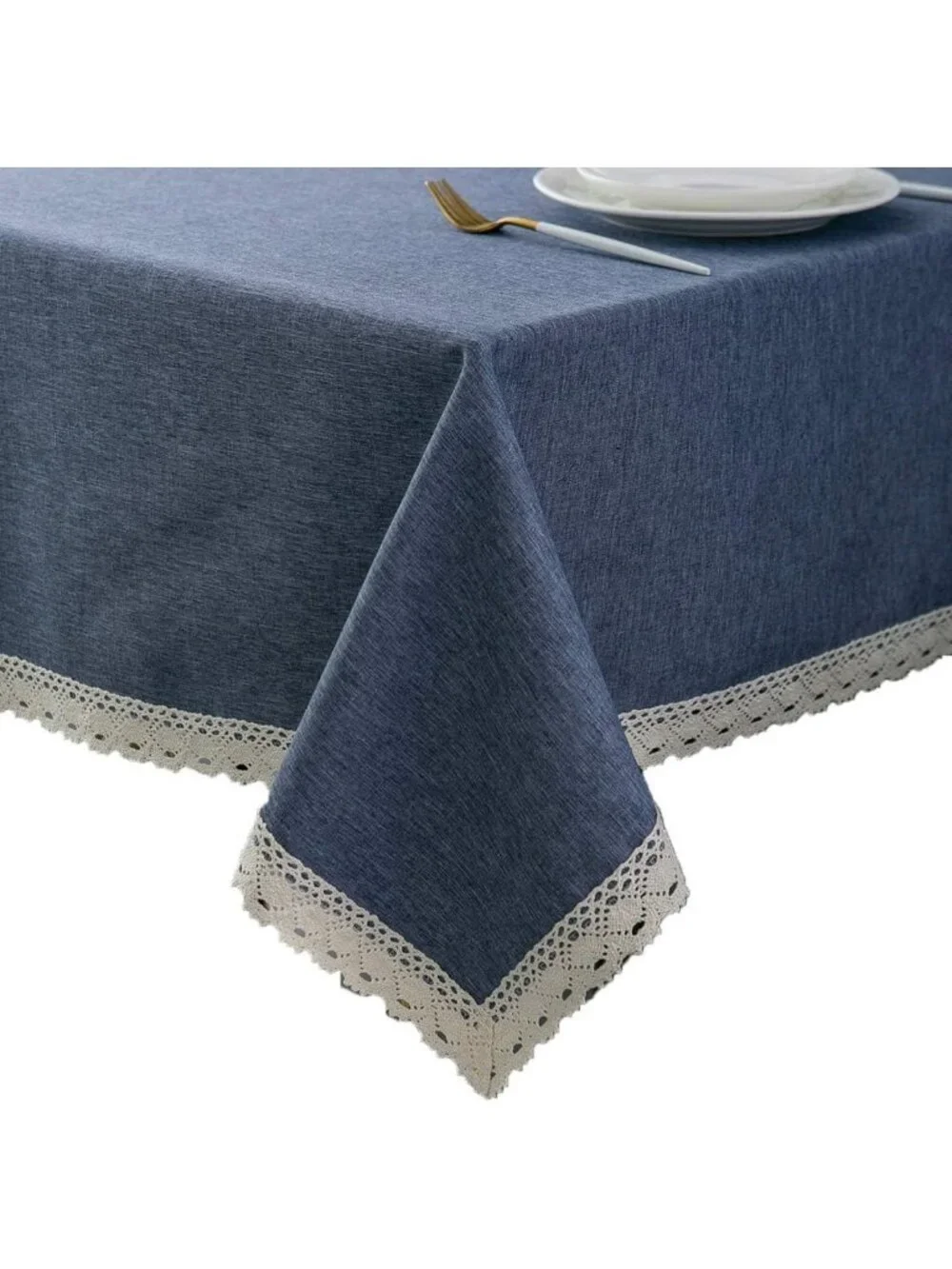 Waterproof Faux Linen Tablecloth with Lace Trim - Stain Resistant, 70x70” for